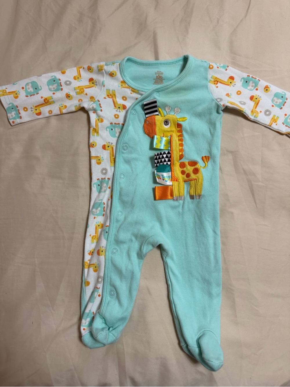 Vintage Bright Stars Baby One-Piece Footed Romper with Giraffe Applique - Mint